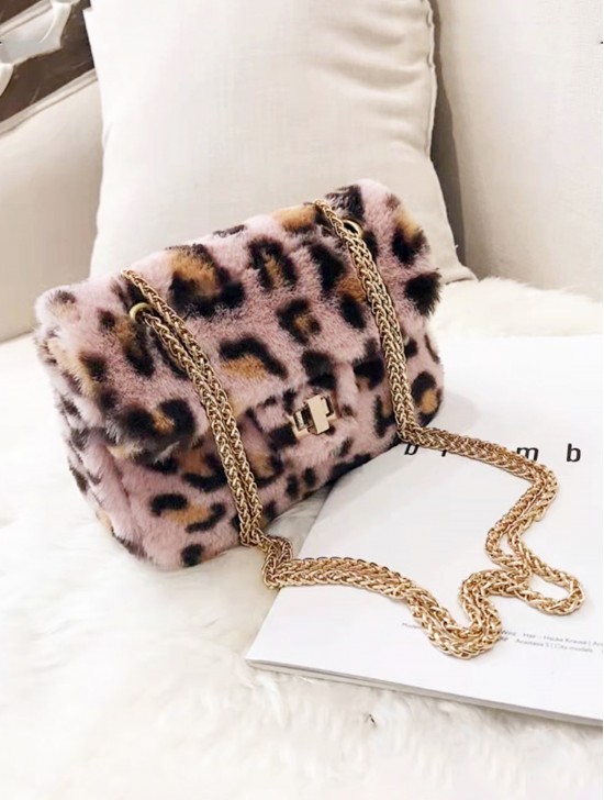 Leopard Print Plush Drawstring Purse